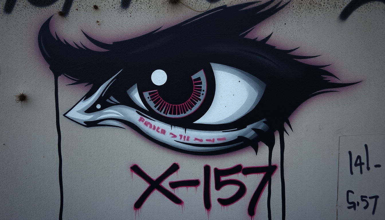 Main art studio: An angry left eye with the phrase X-157 underneath. Dark and foreboding maybe even ethereal. In a graffiti style.