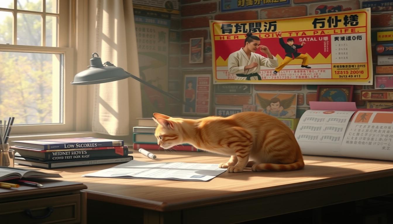 Main art studio: The same small orange tabby cat sitting alone at home, looking at her low test scores and feeling determined to change her life, motivational atmosphe