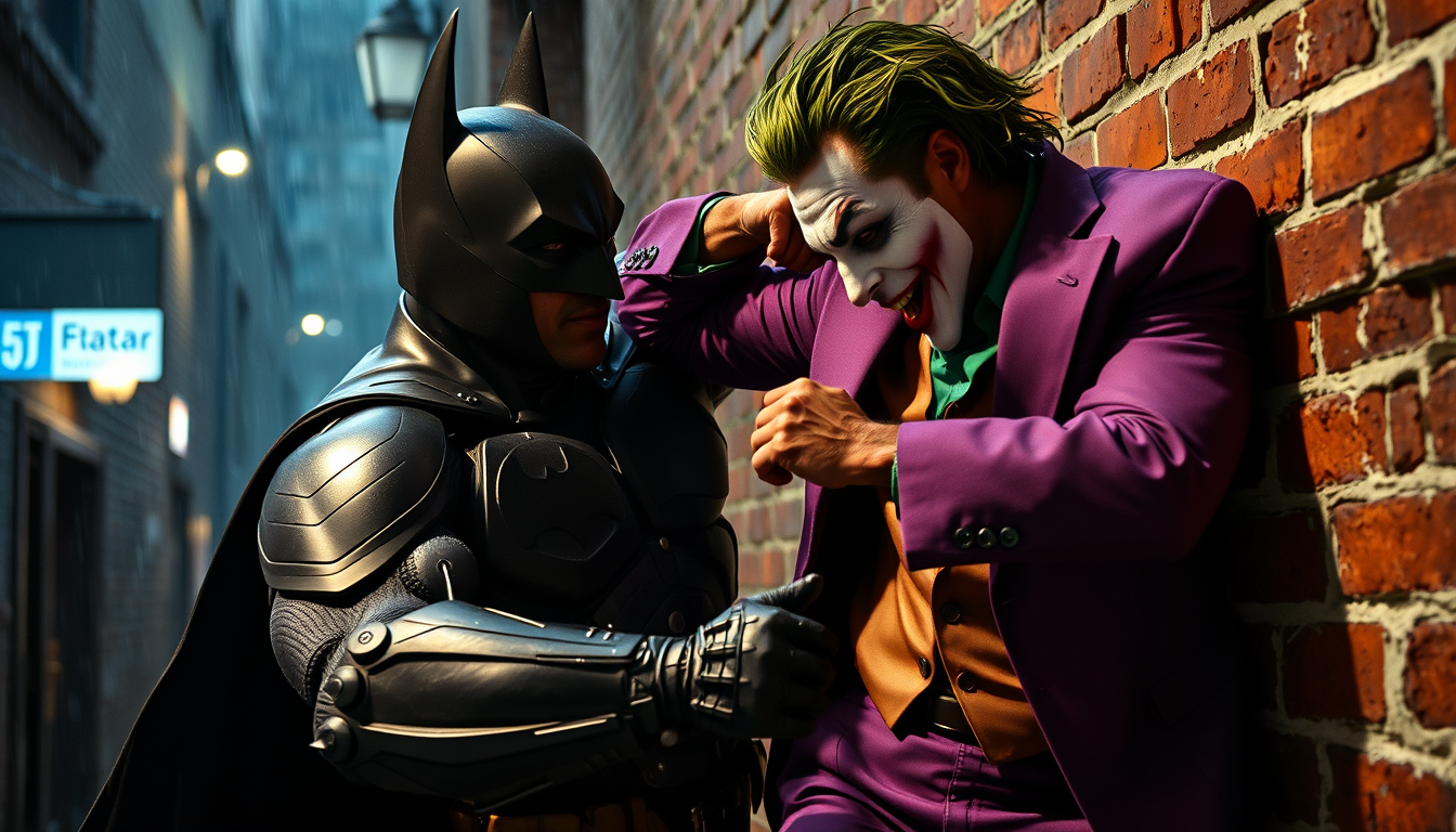 Main art studio: Photorealistic live-action superhero fight in a rain-soaked Gotham-inspired alley. Michael Jai White as Batman, portrayed as a Black, massively muscul