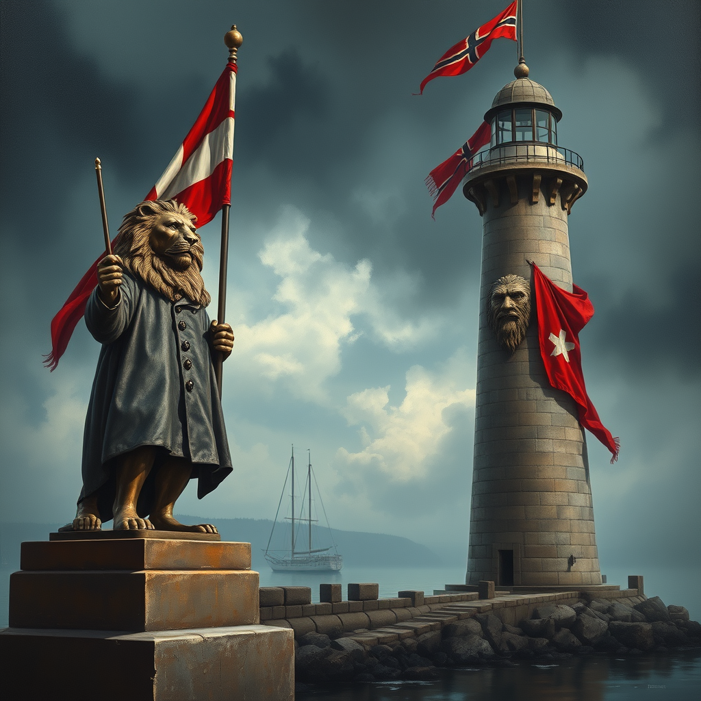 Main art studio: A cinematic and dramatic oil painting of the Lindau harbour entrance. The iconic Bavarian lion statue and the Lindau lighthouse are anthropomorphized