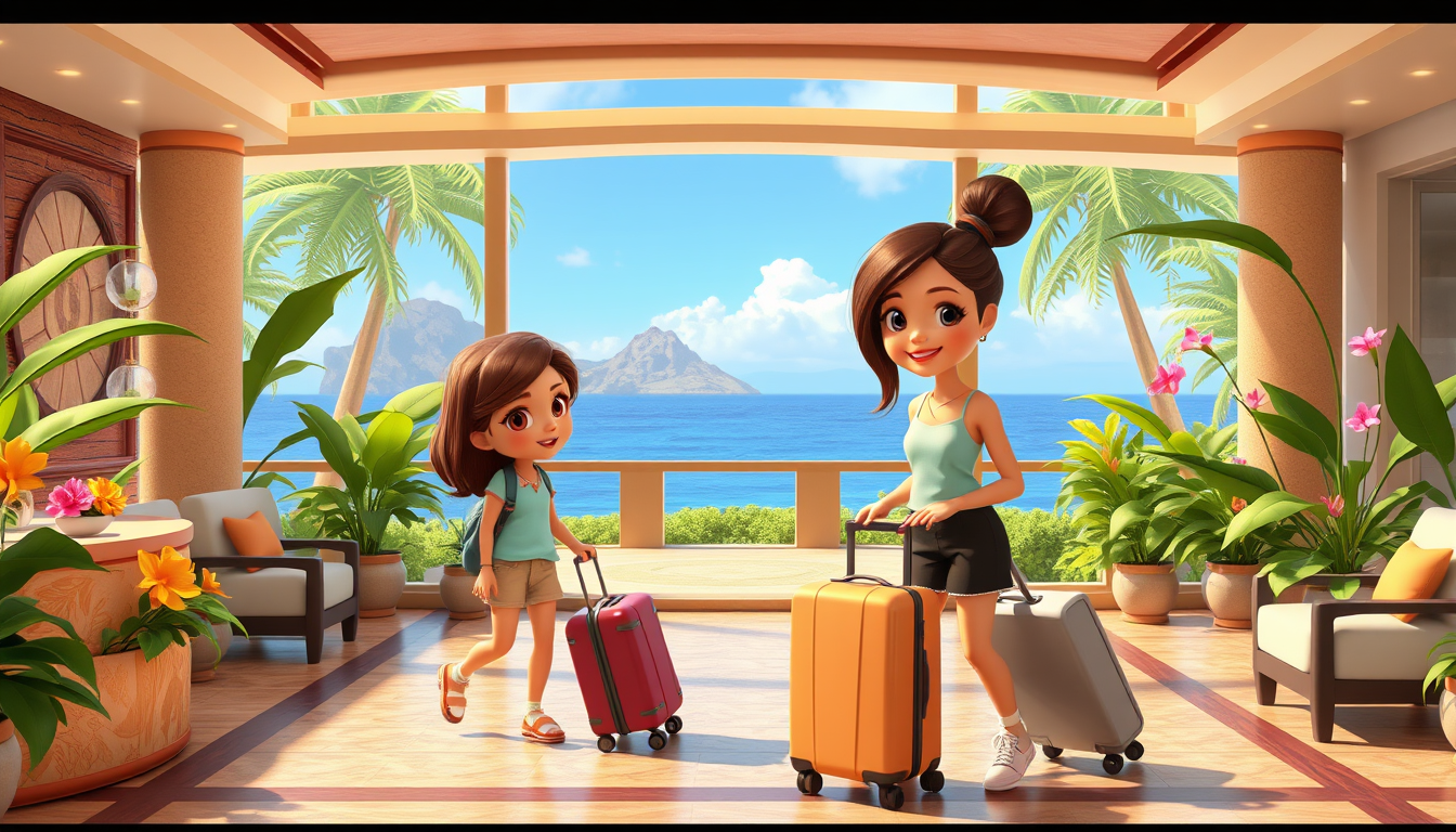 Main art studio: Scene 2: Chloe checking into a beautiful Hawaiian resort, carrying luggage, stylish lobby, tropical flowers, ocean views, cute 3D cartoon movie style.