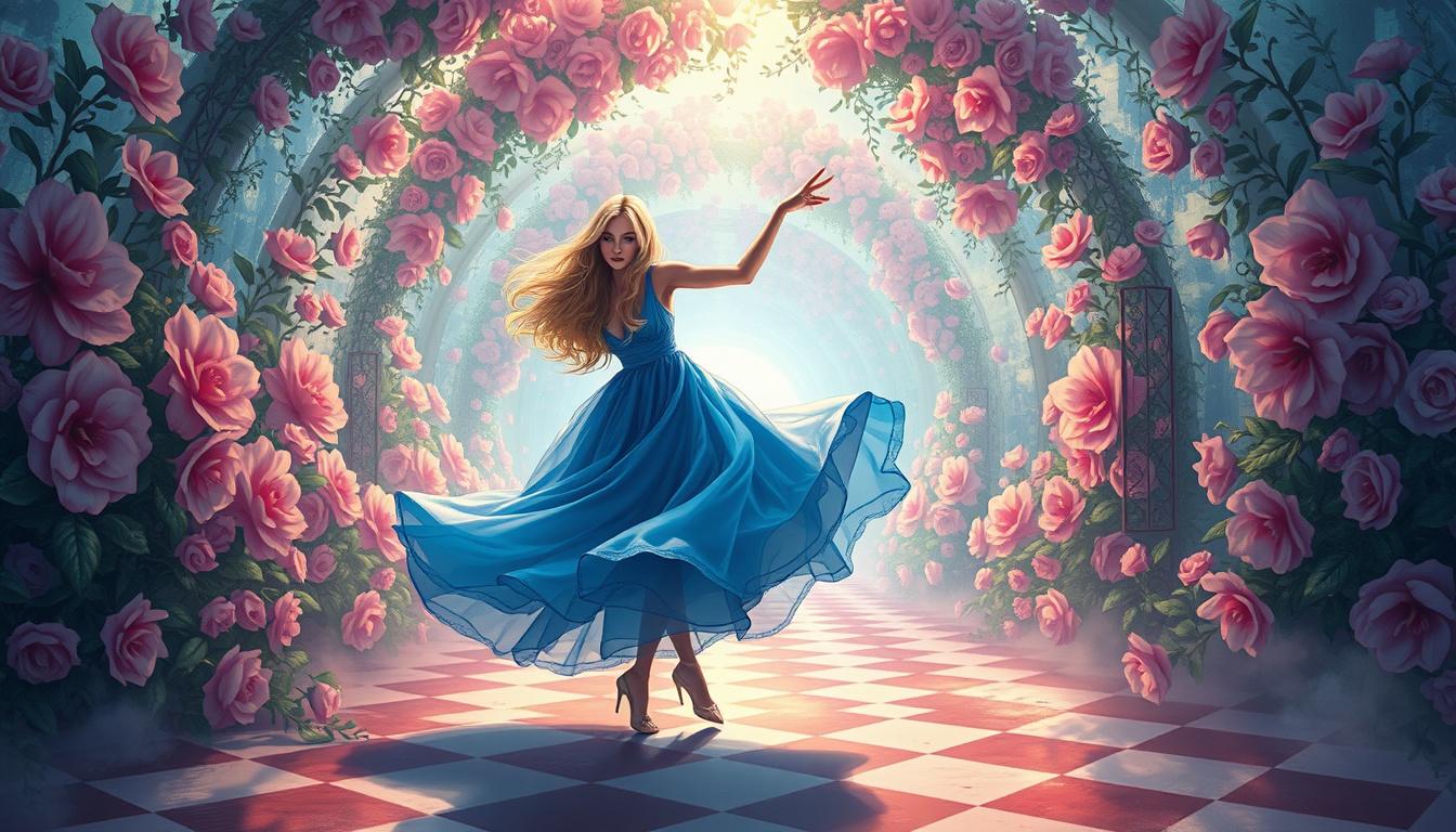 Fantasy Art idea created from the prompt: fantasy art, epic, magical, detailed illustration, A mystical depiction features a blonde woman dressed in a striking blue gown, dancing gra