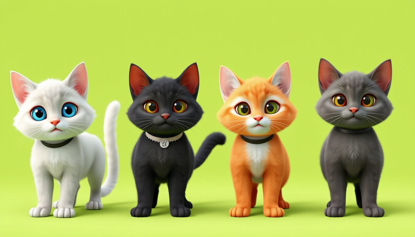 Main art studio: Four different cute cats in a Pixar-style 3D cartoon look, standing together on a solid bright green background. No shadows, no collars, no necklaces,