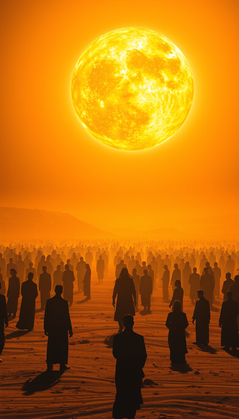 Main art studio: A symbolic vision of the Day of Judgment. An endless barren desert under an enormous blazing sun, intense heat waves rising from the ground. Thousands