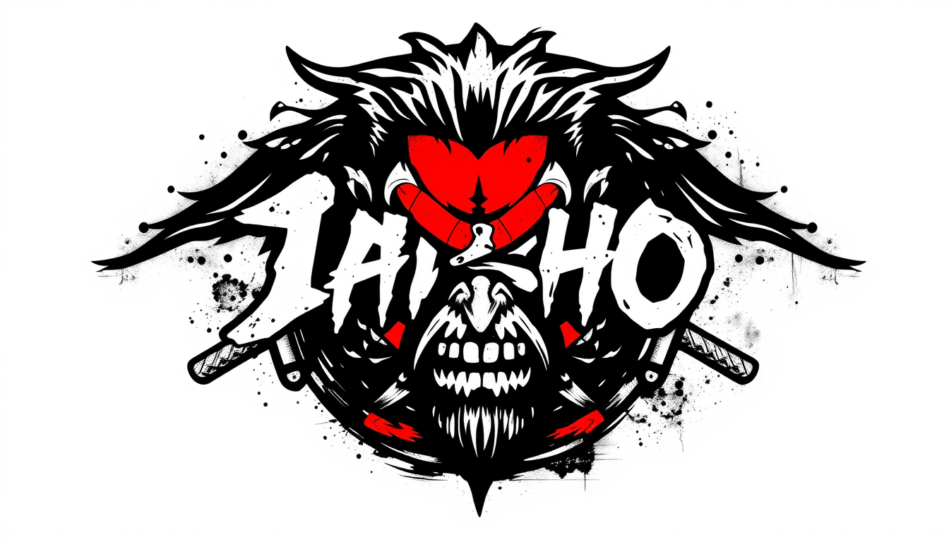 Main art studio: logo Onisho blutig japan styl brutal blutig gang traditionel styl mänlich düster schwertkampf