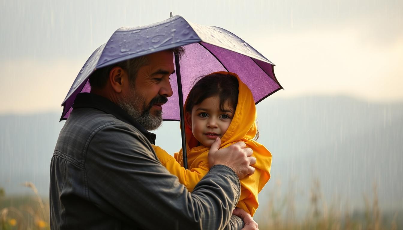 Main art studio: Regálame una Imagen de padre cubriendo a su hija con una sombrilla de la lluvia Con un paisaje bonito