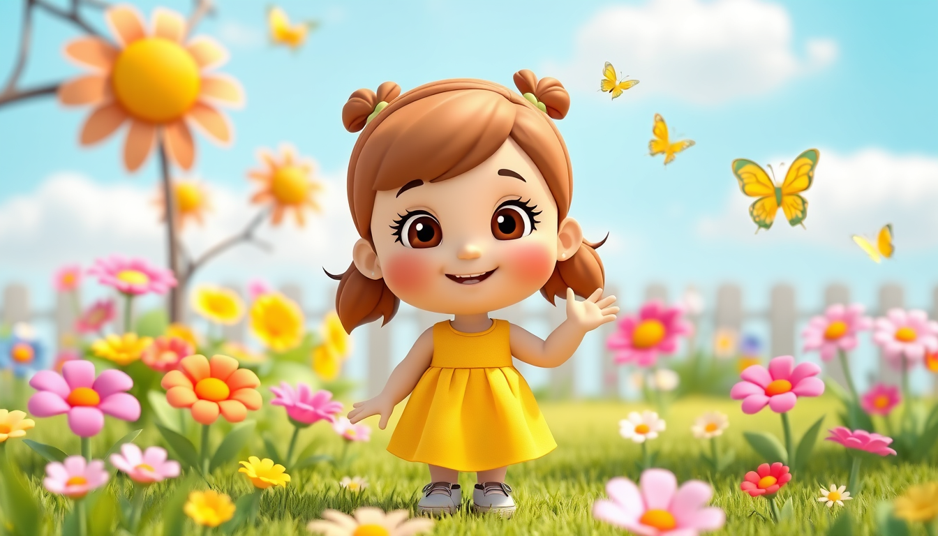 Main art studio: A cute colorful 3D cartoon nursery rhyme scene for young children. A cheerful little girl, about 5 years old, with brown hair in two small pigtails, b