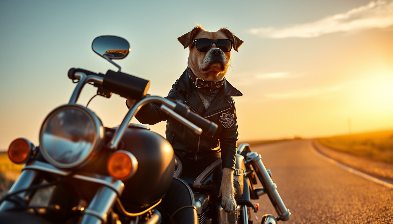 Main art studio: Ein cooler, selbstbewusster Hund sitzt auf einer klassischen schwarzen Harley-Davidson, trägt eine schwarze Lederjacke und eine dunkle Sonnenbrille. D