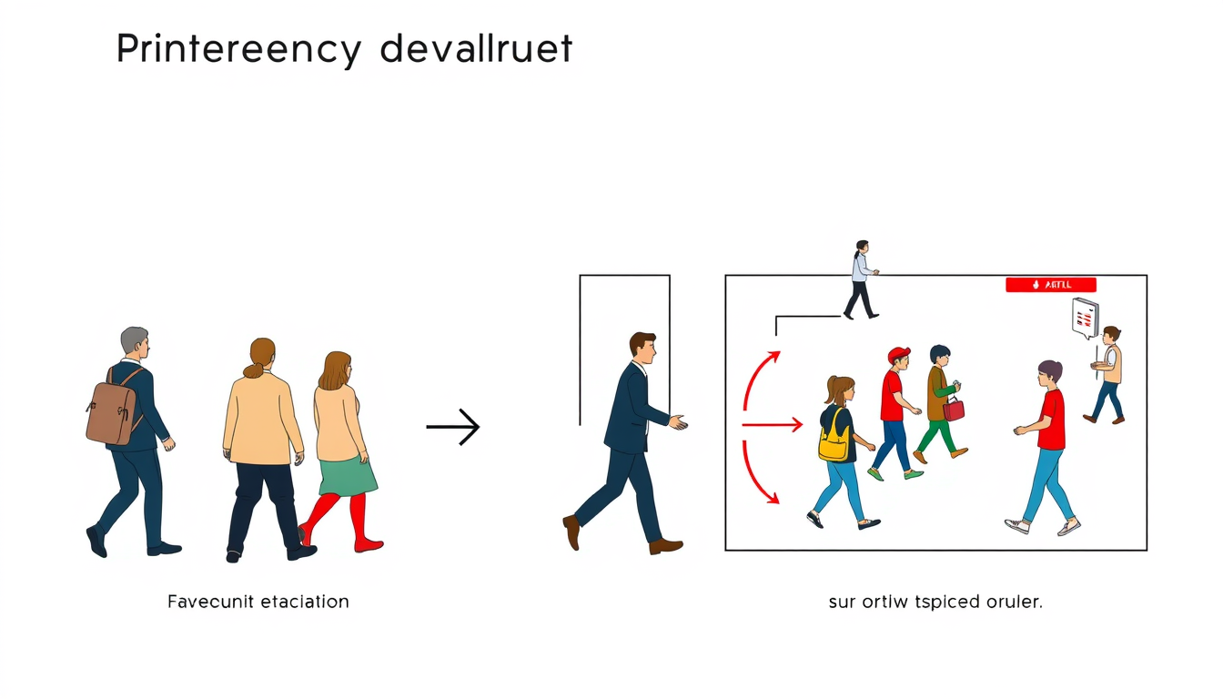 Main art studio: Create a clean academic educational diagram showing emergency evacuation and a fire safety drill. Show people following a clearly marked evacuation ro