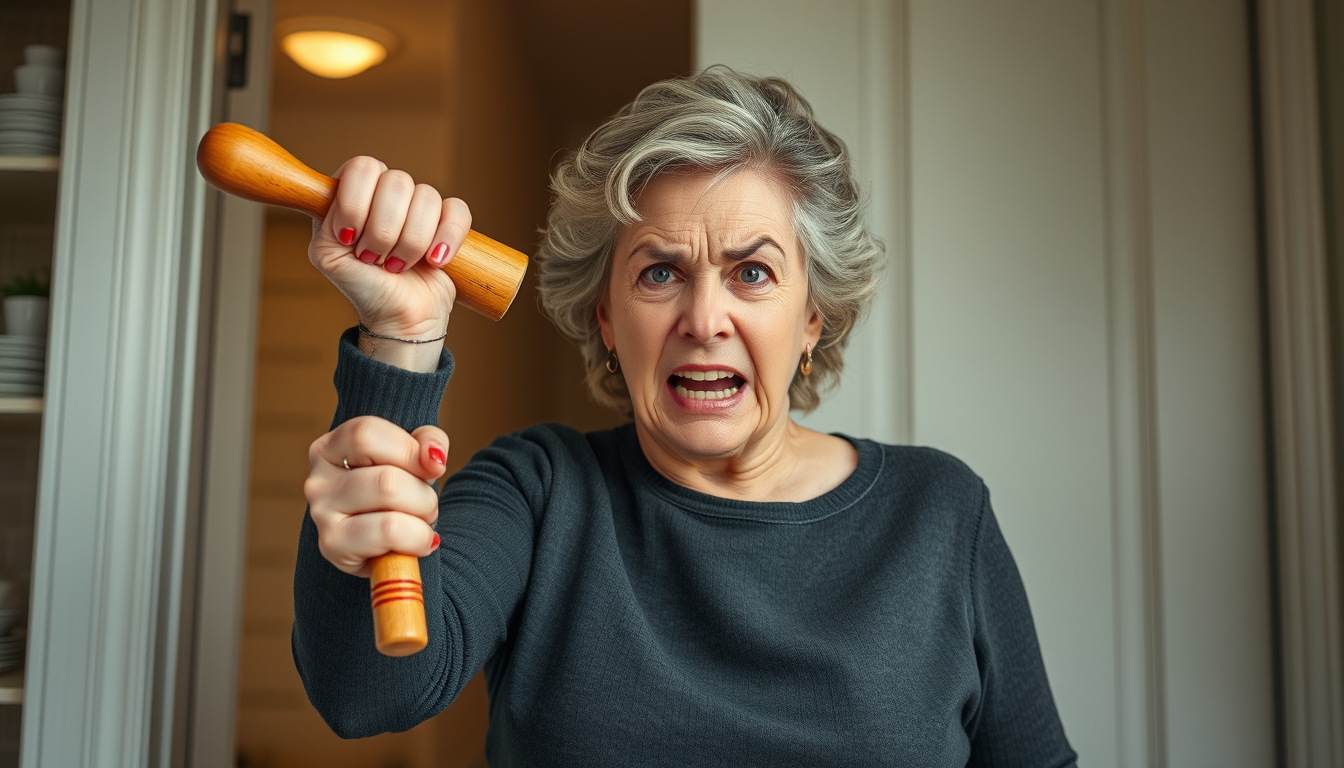 Main art studio: crazy wife with pained face wielding large rolling pin one handed aloft by the handle angrily waiting at front door