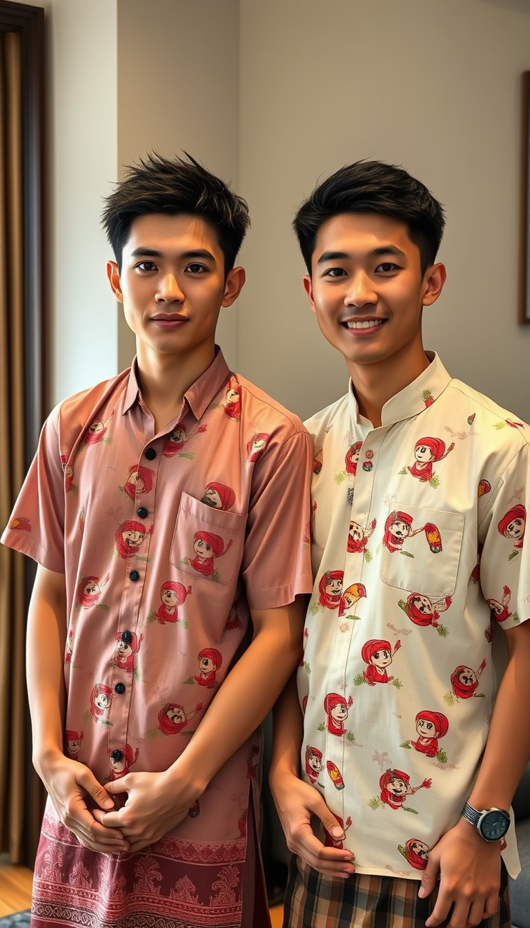 Main art studio: A handsome 20-year-old short Japanese man with spiky hair wears a short-sleeved traditional Myanmar shirt and longyi. Beside him is a handsome 28-year