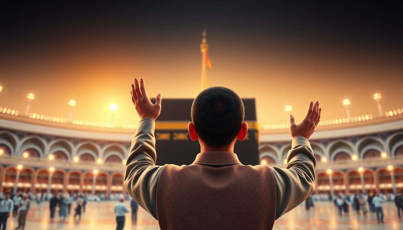 Main art studio: Create a beautiful, respectful 3D cartoon-style image of a Muslim man standing in front of the Holy Kaaba in Makkah. The man is facing the Kaaba with 
