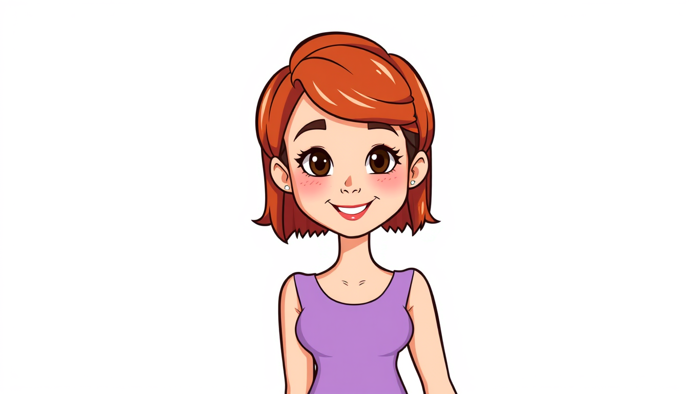 Cartoon Avatars idea: cartoon avatar, head-and-shoulders, bold outlines, flat shading, Cartoon of a woman with reddish blonde hair cut into a bob, brown eyes, a round, chil