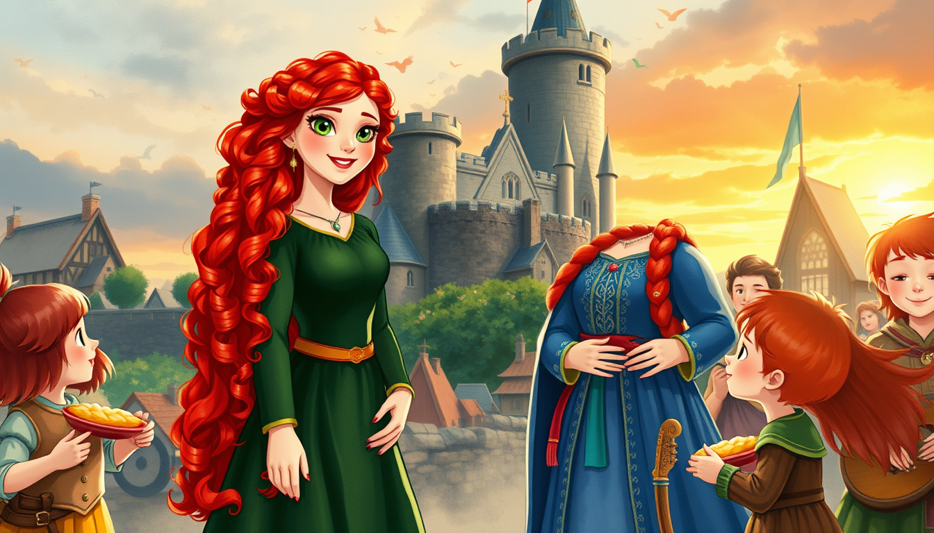 Main art studio: A joyful celebration in the beautiful kingdom of DunBroch. Merida, a teenage princess with long curly bright red hair, green eyes, and a dark green dr