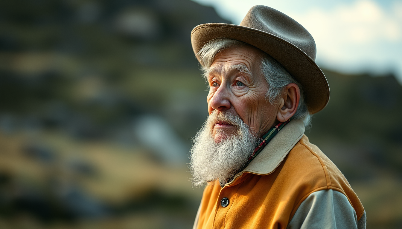 Characters idea: an original character defined by silhouette, role, outfit, palette, and expression, deliberate composition, han har gråt hår och gillar natur, han ble
