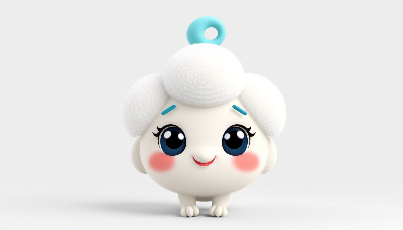 AI Art prompt example created from the prompt: Create an original, adorable 3D preschool cartoon mascot named Nubi. A small fluffy white cloud, one tiny turquoise curl on top, big dark bl