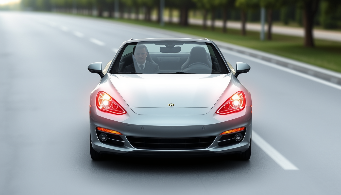 Main art studio: Keep the same composition and two people. Fix the car: one normal complete modern car, clearly defined front and rear, front windshield and headlights
