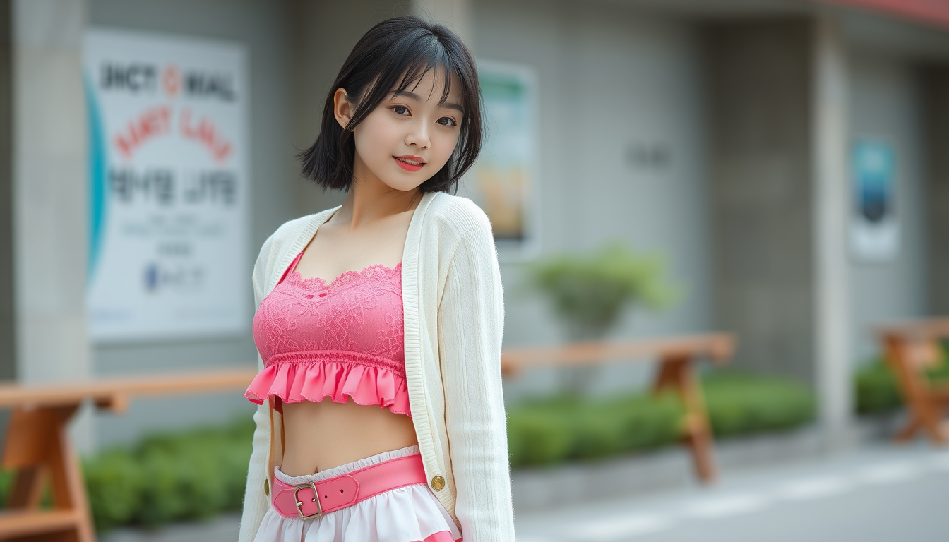 Main art studio: a zoomed-out view of a cute slim korean girl with black hair, a pink laced crop top and a white, open-fronted jumper. a short ruffled pink and white s