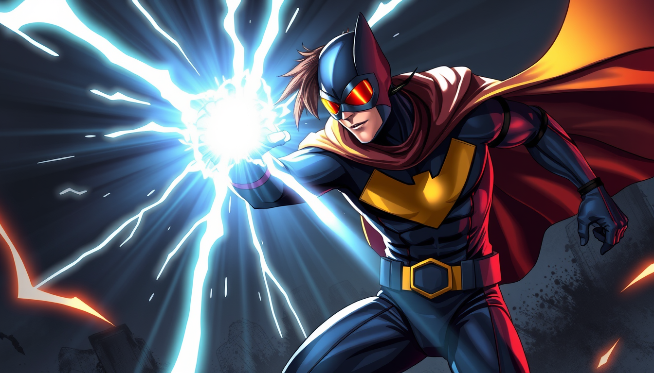 Superhero idea created from the prompt: original superhero character design, dynamic pose, bold costume, dramatic lighting, comic art energy, Snarky Jay Cosplay , original hero con