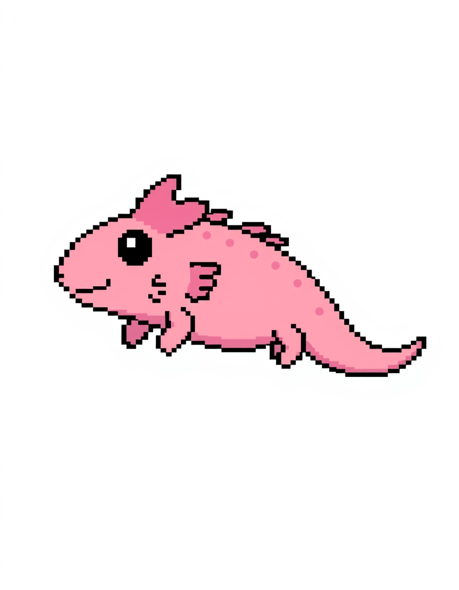 Pixel Art idea: pixel art, 32-bit retro style, limited color palette, clear readable design, An adorable pink axolotl, 2D side view facing right, swimming horizontall