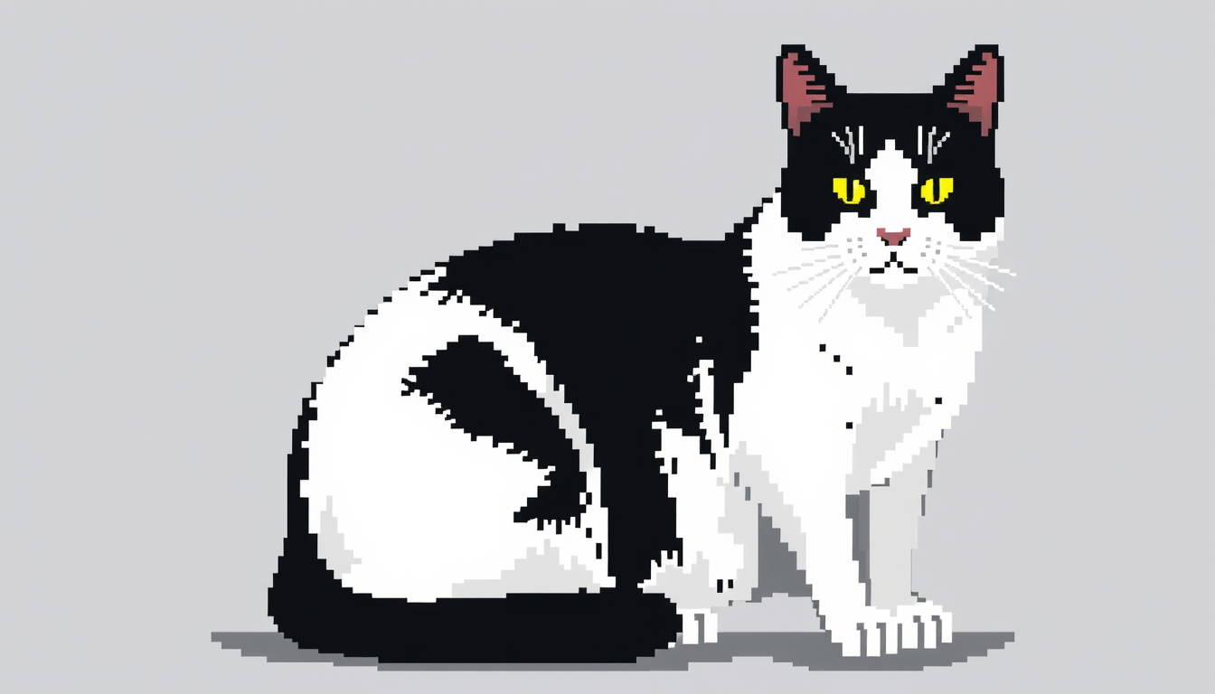 AI Art prompt example created from the prompt: black and white cat pixel art sat