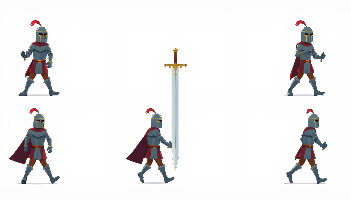 Sprite Sheet idea: a grid of animation frames sharing one character, scale, palette, and camera angle, deliberate composition, I want you to create a two-dimensional kni