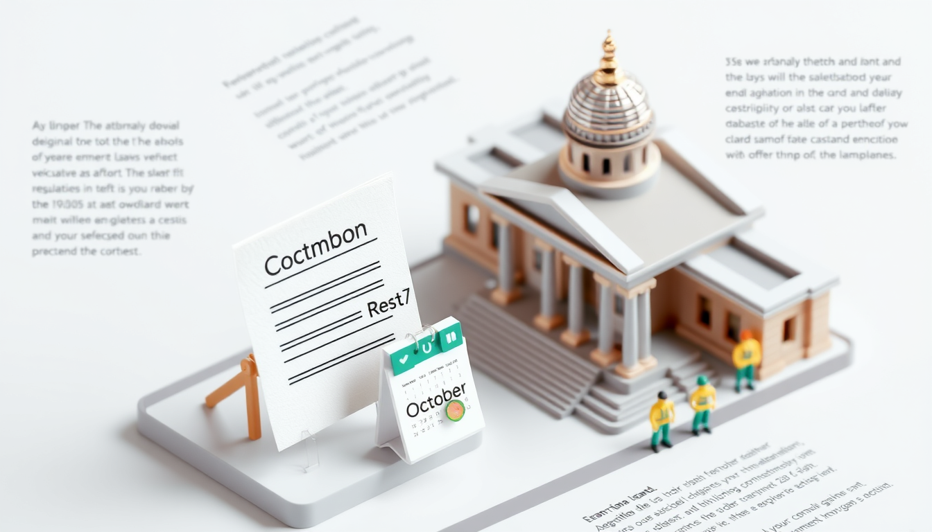 AI Art prompt example created from the prompt: A miniature legislative building, a document resting on a simple pedestal, small calendar showing October, two green rest-day symbols and mi