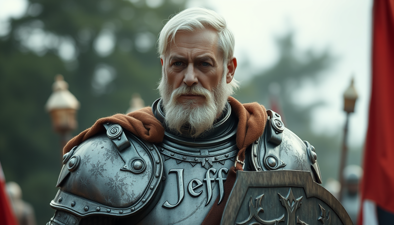 Main art studio: An older knight with white hair amd short beard name Jeff on armor full length short hair short the name Jeff written on chest