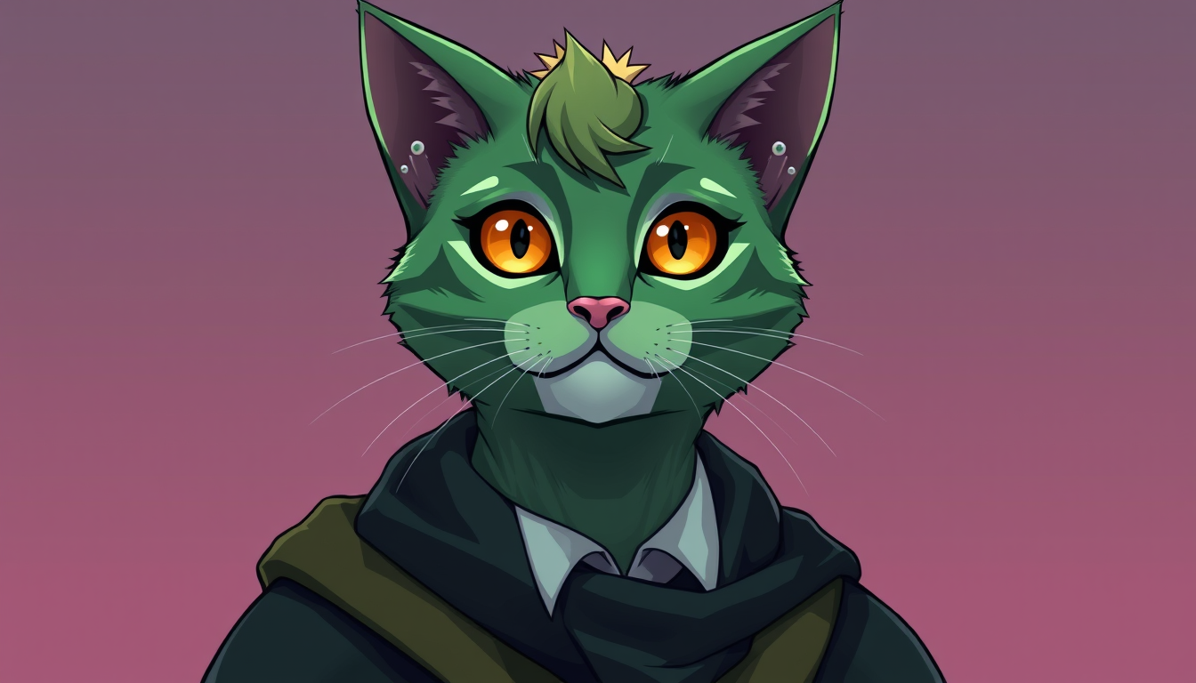 VTuber Avatar idea created from the prompt: vtuber avatar, anime style bust, expressive eyes, streaming overlay ready, gato antropomorfico de color verde con traje de mago de hogwarts 