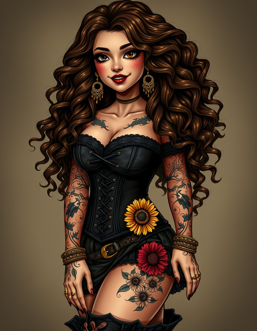 Main art studio: Long, voluminous brown curls with caramel highlights; olive skin, freckles, mismatched dark brown and icy-blue eyes, full lips, heart-shaped face, chu