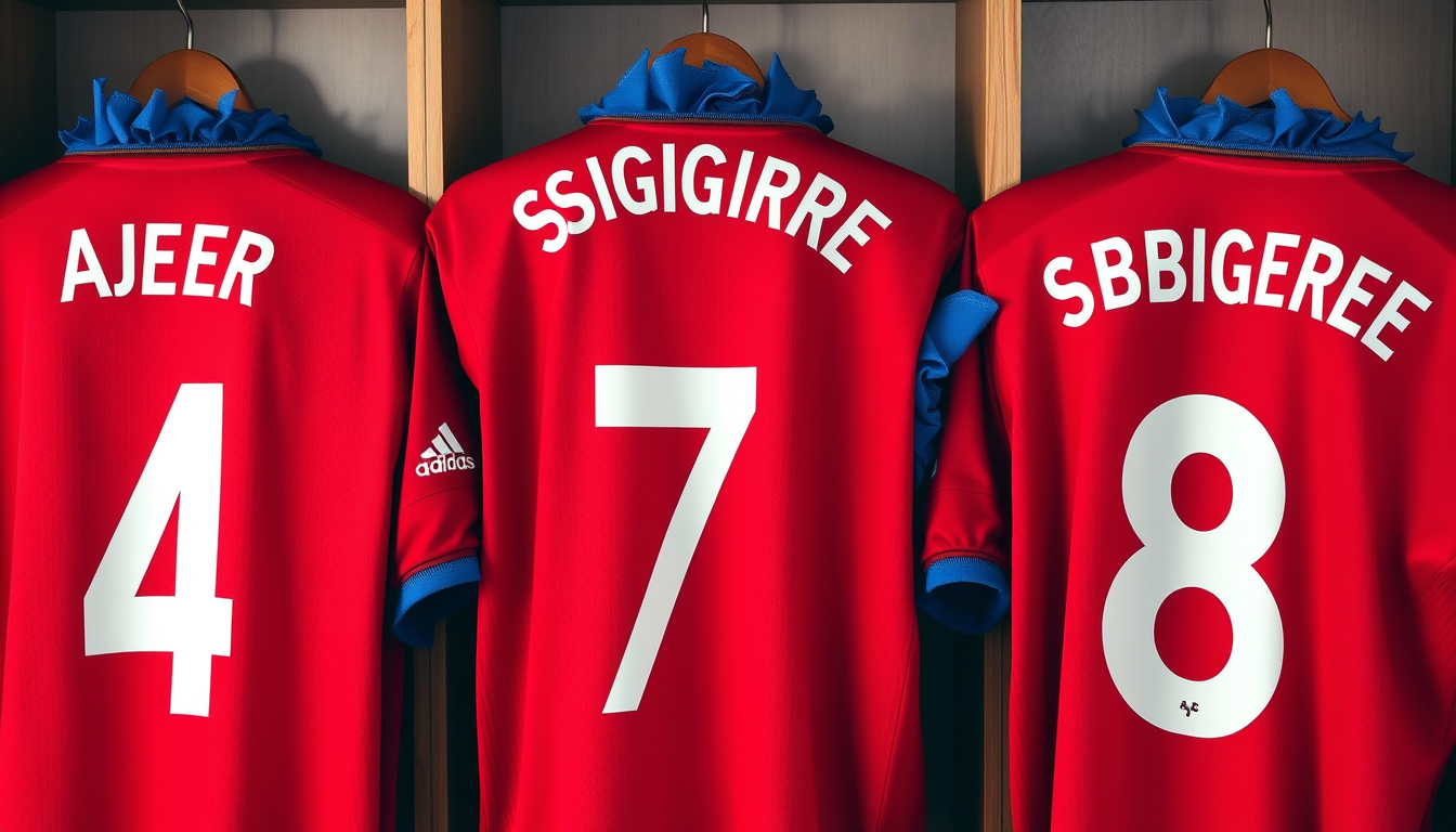 Main art studio: créer une photo de trois maillots dans les vestiaires portant les numéros 4,7,8 les maillots exactement les mêmes rouge bordeaux avec le flocage en bl