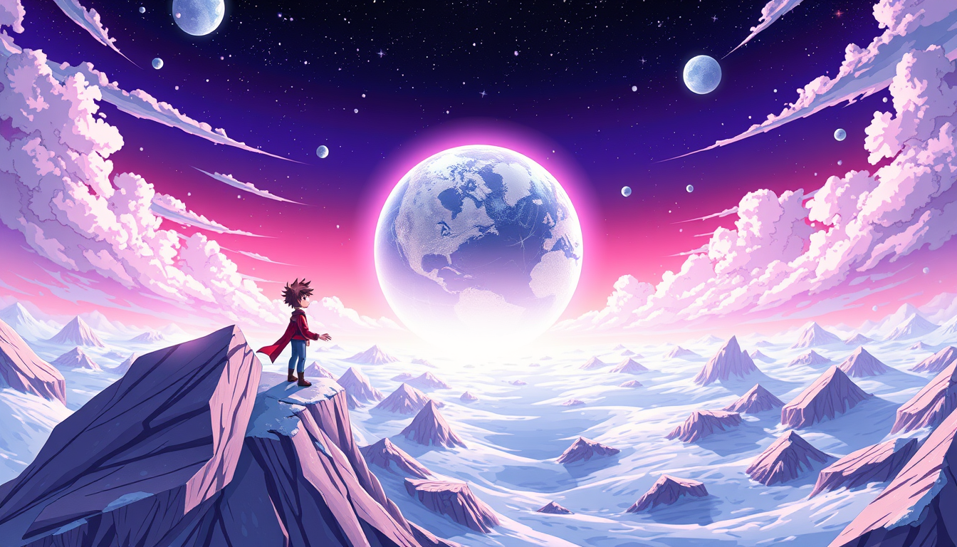 Wallpapers idea: wallpaper artwork, wide atmospheric scene or bold pattern, high detail, Pictures of the savior from anime show called snowball Earth in the picture of