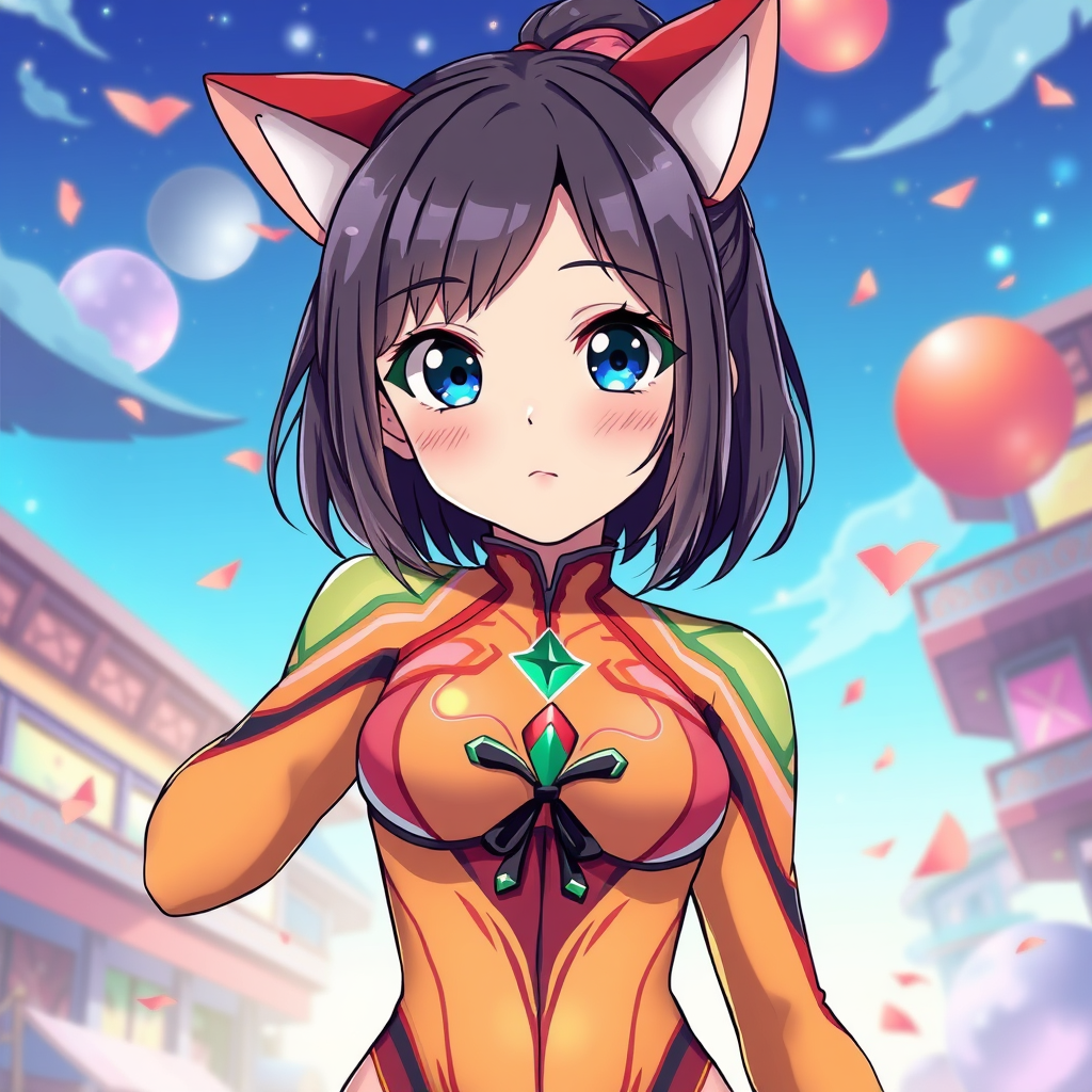 Anime idea: anime style, vibrant colors, expressive eyes, Cô gái anime trưởng thành mặc bodysuit họa tiết da bò sữa với các chấm đen lớn loang lổ. Phần thân trên 
