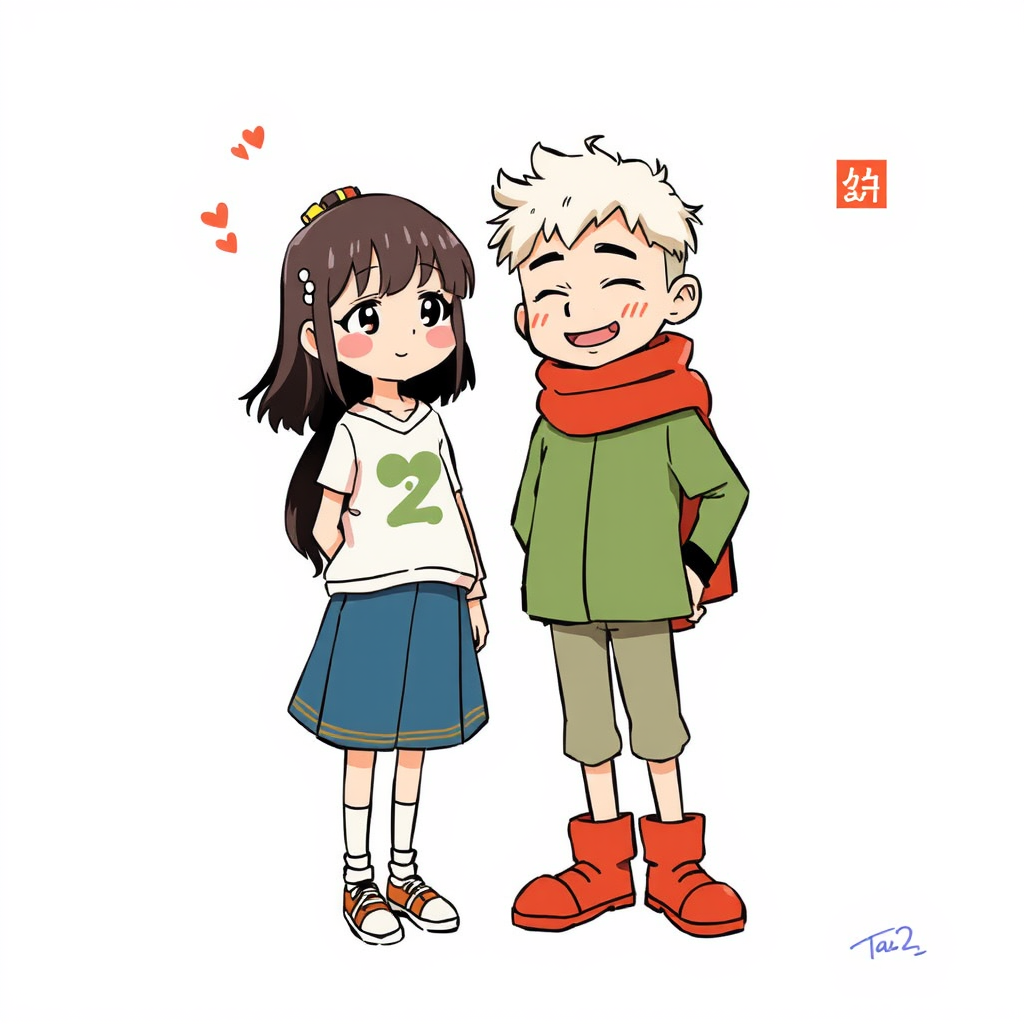 Main art studio: 男女2人のカップルを、かわいいデフォルメされた鉛筆画風のイラストにしてください。 【男性】 左側に男性を描いてください。髪型は黒色の、ふんわりとした細かいくせ毛で、前髪にも自然なカールがあります。白い半袖Tシャツを着ています。 【女性】 右側に女性を描いてください。髪型は茶色のボブヘアで、毛先はあご