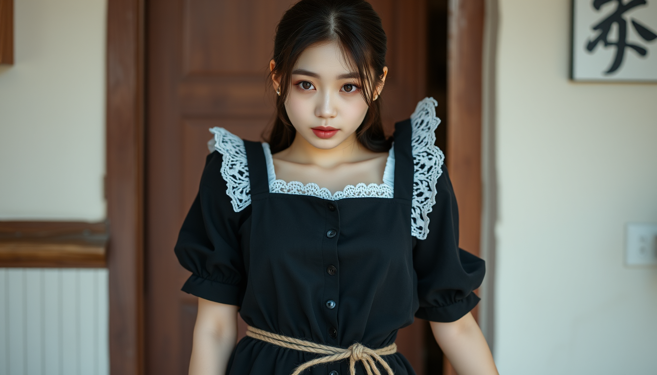 Main art studio: Korean girl wear black maid clothes and tied up with a rope all body