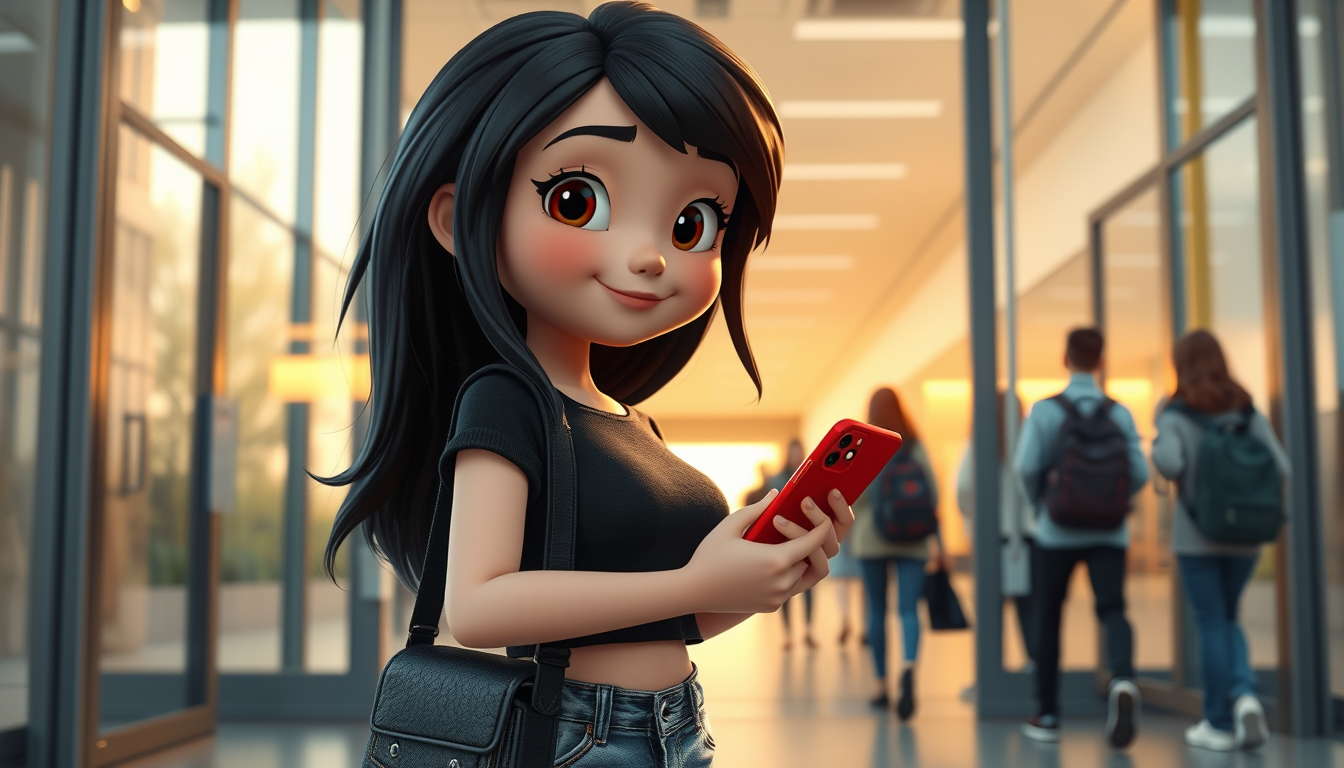 Main art studio: Lina est une jeune fille en animation 3D, avec de longs cheveux noirs brillants, de grands yeux expressifs et un visage doux. Elle porte un crop top n