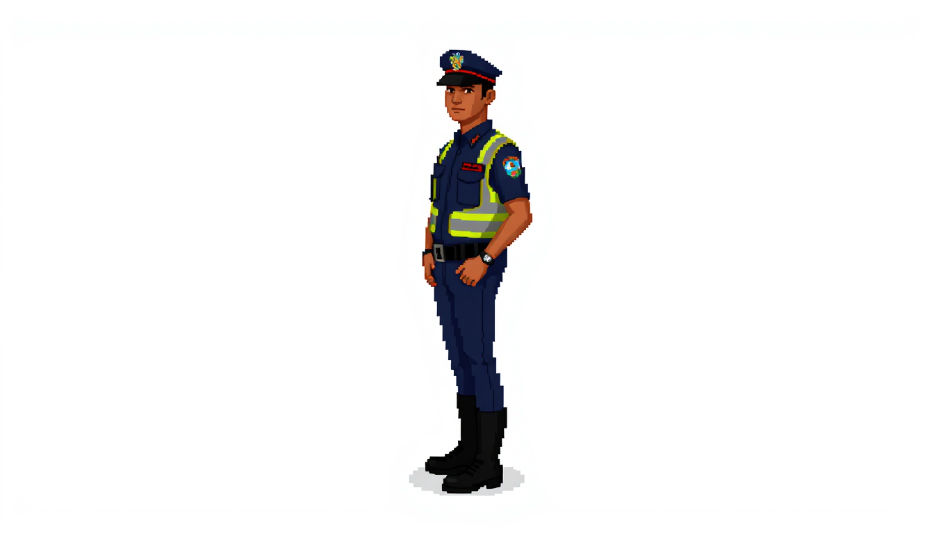Sprite idea created from the prompt: pixel art game sprite, clean pixel grid, retro 16-bit palette, Pixel art 16-bit, full-body Dominican DIGESETT traffic agent, head-to-toe vis