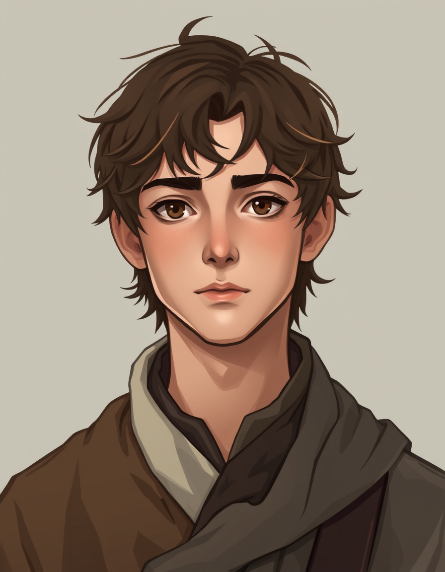 Characters idea: an original character defined by silhouette, role, outfit, palette, and expression, deliberate composition, A seemingly ordinary young male librarian