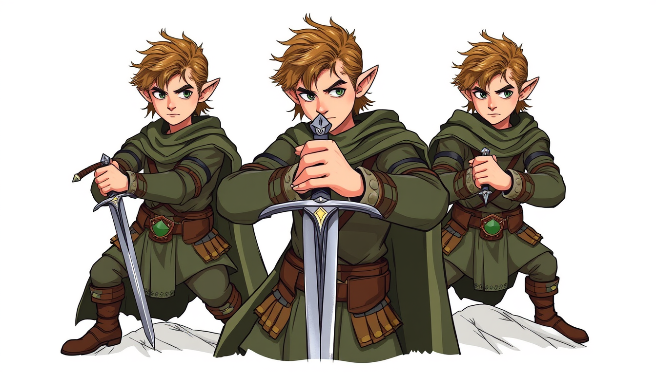 Main art studio: « Crée une planche de personnage montrant le même lutin dans trois poses successives en train de retirer Excalibur de son rocher. Le visage, la coiffu