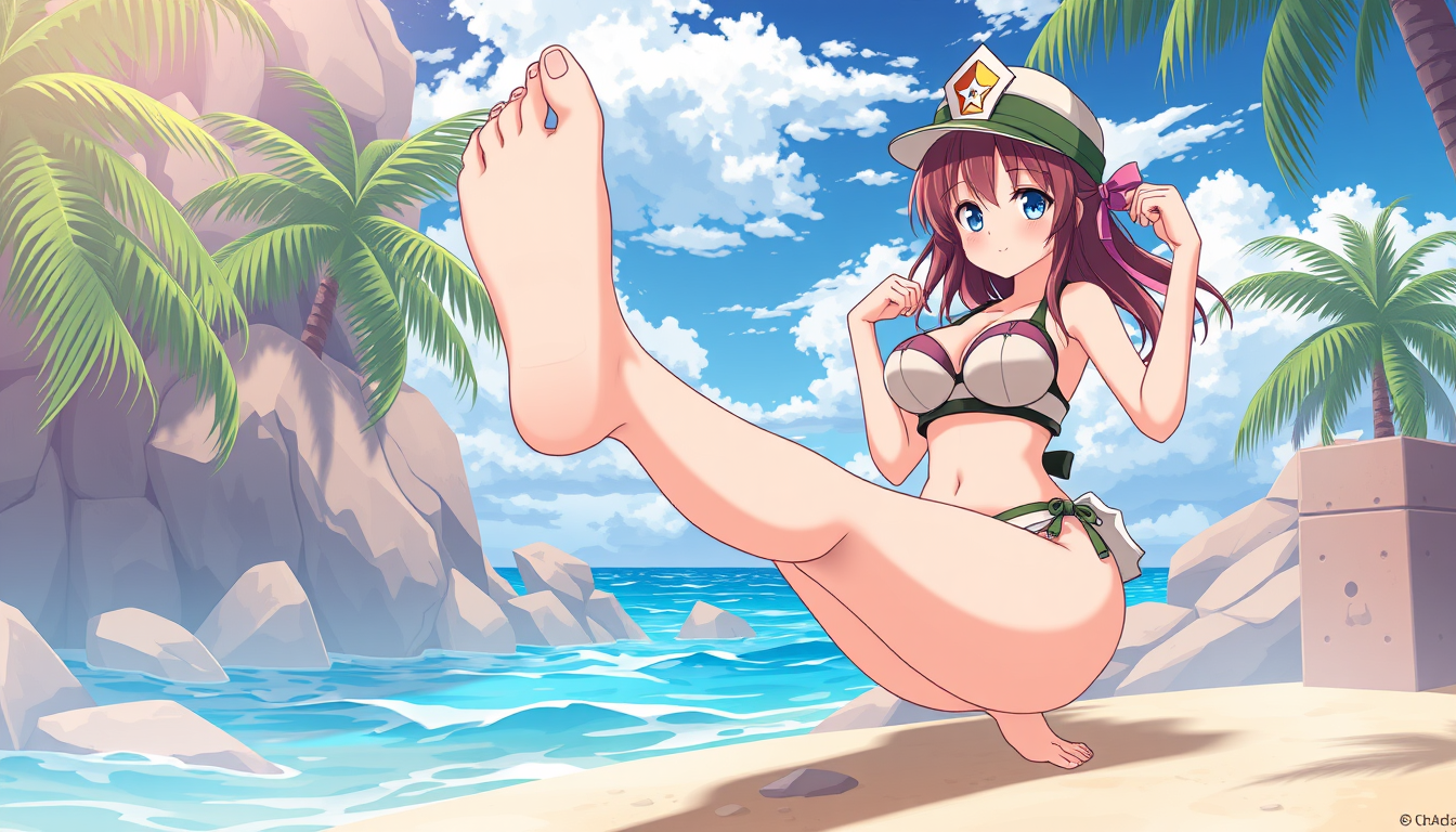 Main art studio: A girl missionary feet up with with bikinies in anime style