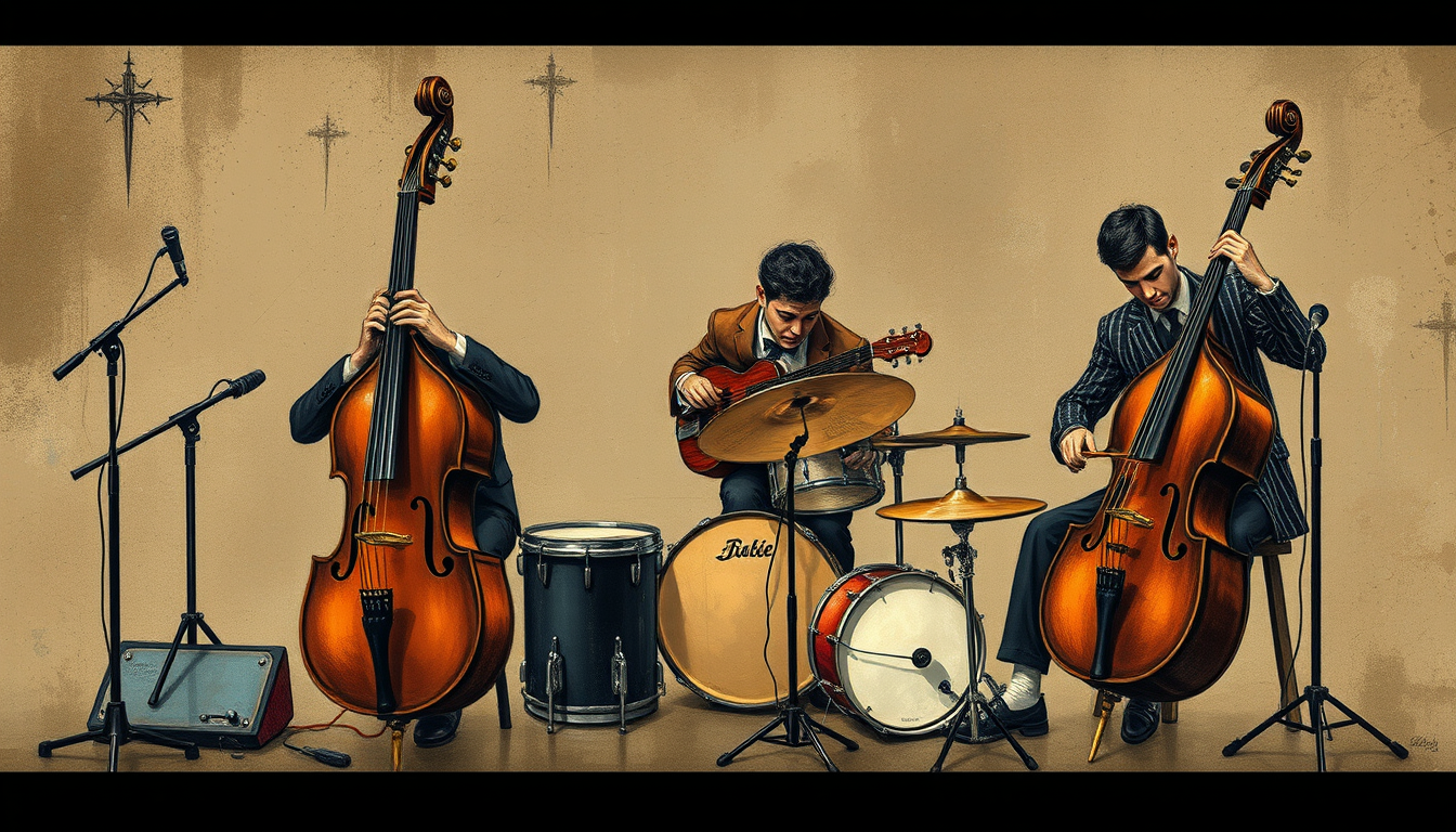 AI Art prompt example created from the prompt: Multinstrumentos jazz improvisando, vintage o deiseño antiguo tipo dibujo o pintura, llamativo