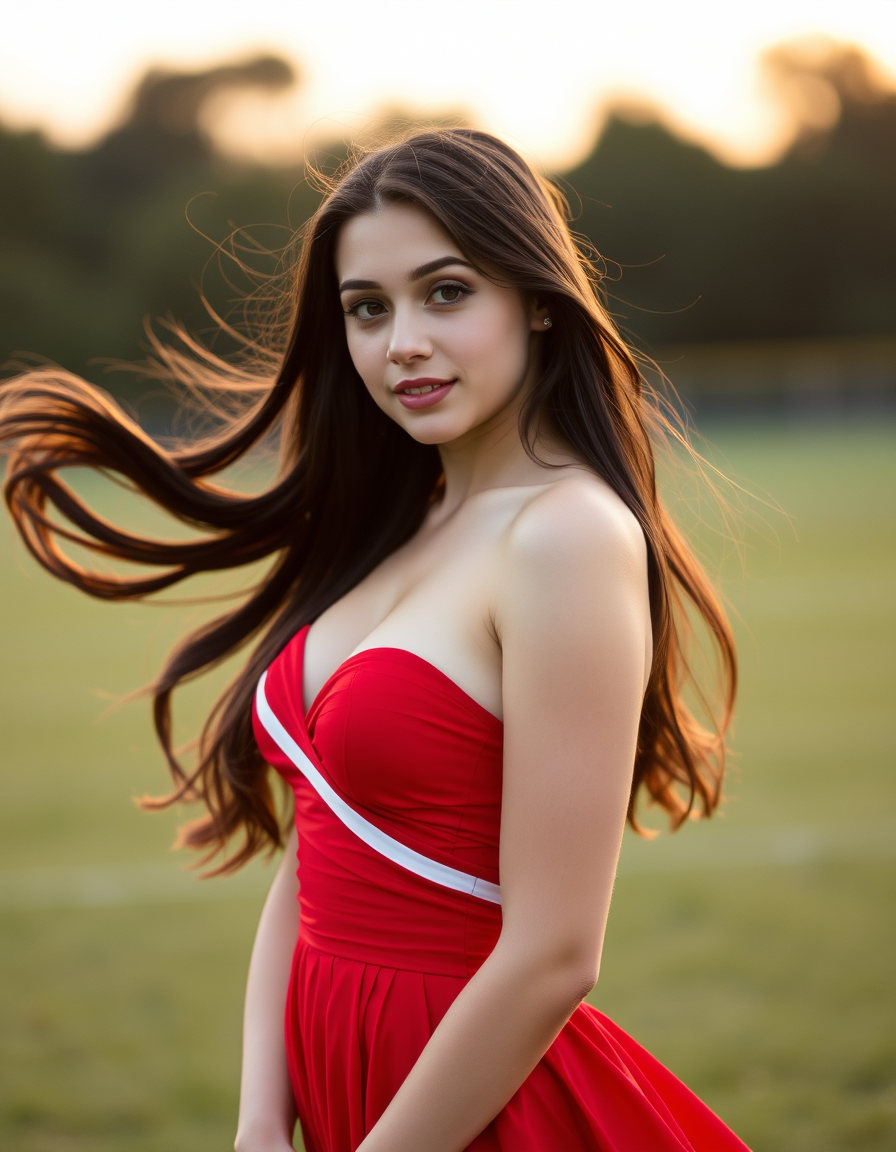 Main art studio: A romantic image of beautiful white teenage cheerleader with long flowing dark hair wearing a stunning red shoulder less dress that highlights her che