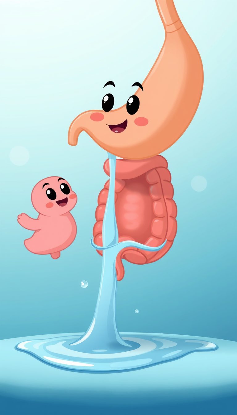 Main art studio: Vertical 9:16, colorful 2D cartoon educational animation showing water moving from the stomach toward the small intestine, cute organs with expressive