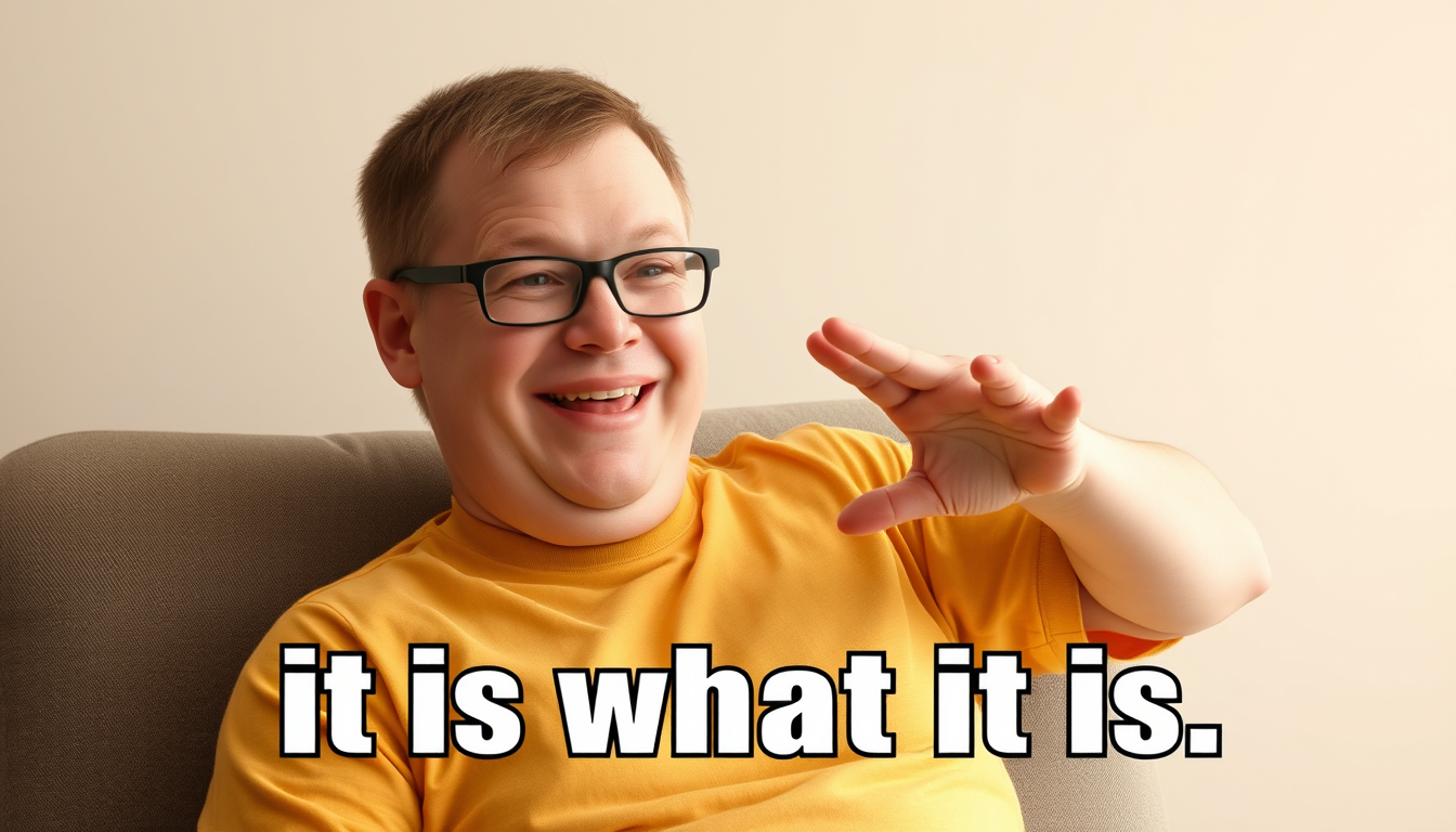 Main art studio: I want an "it is what it is" shrugging meme but the guy shrugging has Down syndrome but he’s happy about it. He has to really look like he has Down sy