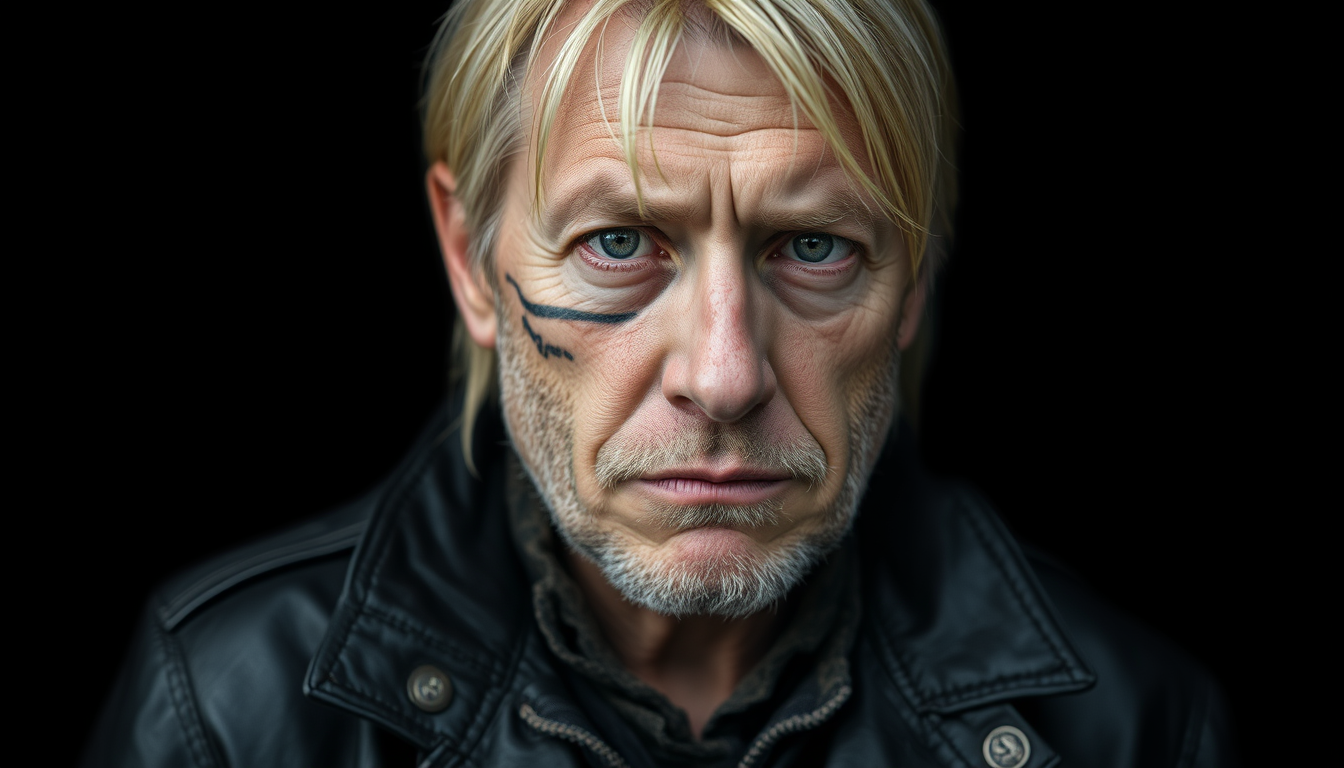 Main art studio: gritty realistic documentary portrait of a 31-year-old man, long blond hair, worn black leather jacket, long scar across his left cheek, deeply tired