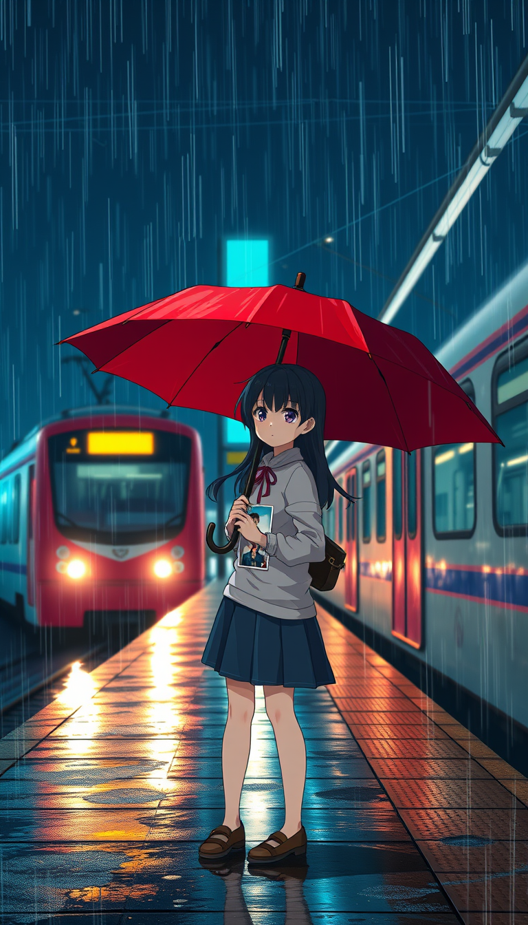 Anime idea: anime style, vibrant colors, expressive eyes, Cinematic Japanese anime. A 19-year-old girl with long black hair stands alone at a rainy train station 