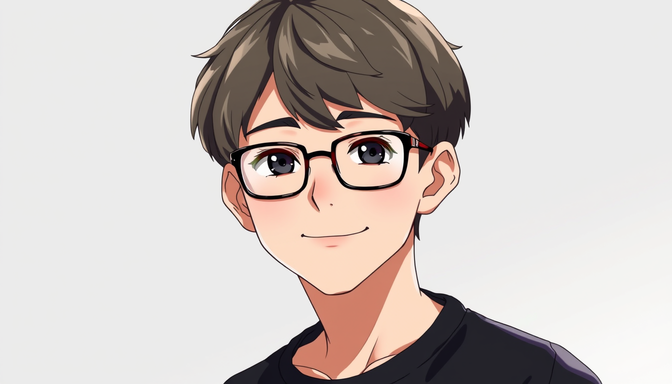 Main art studio: A 16 year boy old boy with glasses, wavy-to-straight hair, a diamond-shaped face, a visible but not very sharp jawline, fair skin, and a tall build. W
