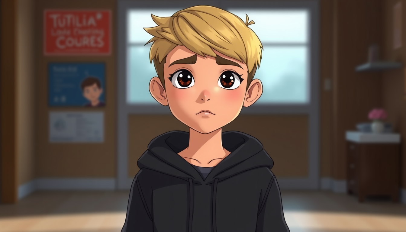 Main art studio: 18-year-old boy, short blond straight mod haircut, slim build, dark brown eyes, ordinary youthful face, serious neutral expression, dark gray hoodie a