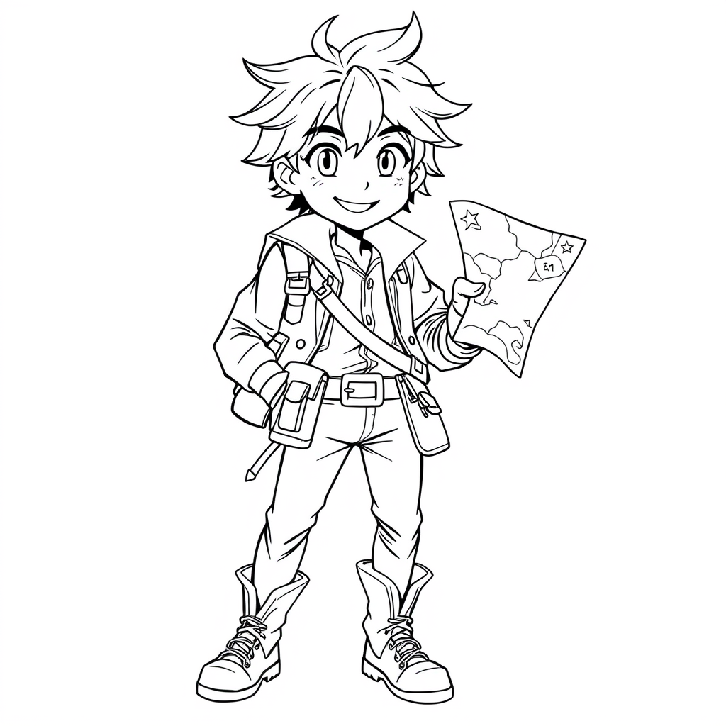 Main art studio: Original anime-inspired young male adventurer, full body, large expressive eyes, friendly confident smile, messy medium hair, fantasy jacket, shirt, b