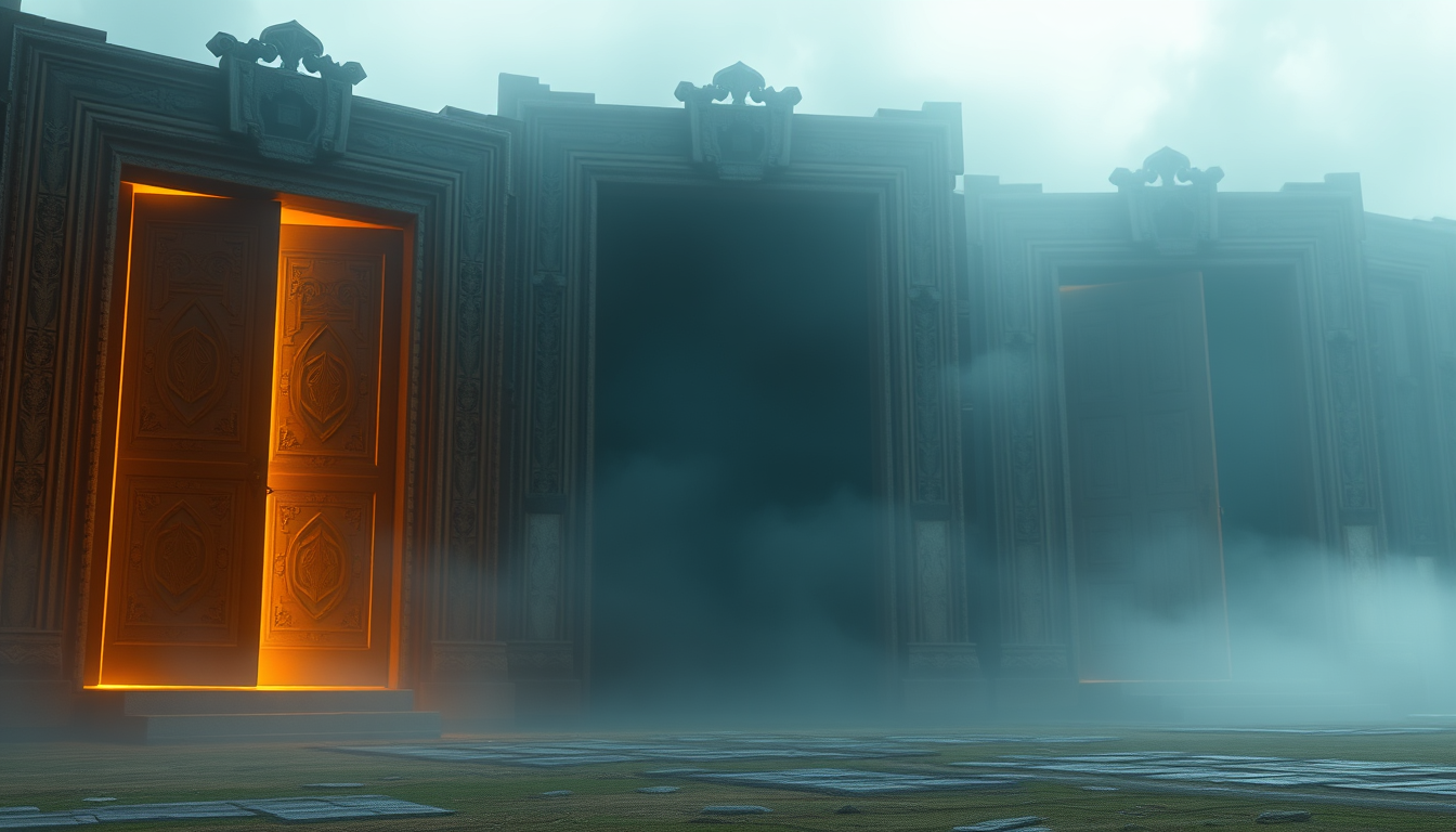 Main art studio: Three giant ancient doors standing in mysterious mist, left door glowing with warm golden heavenly light, middle door surrounded by dark shadows and c